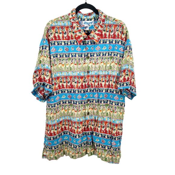 Vintage 90s Utility Mens Shirt XL Hawaiian Hula Girl Palm Tree Tropical Blue Red - Picture 1 of 8